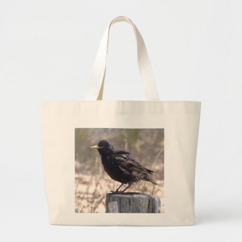 Starling on a Wooden Post Large Tote Bag