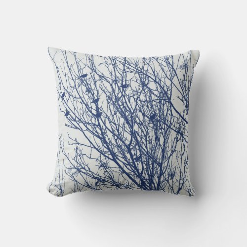 Starlings in a Tree _ Cyanotype Effect Throw Pillow