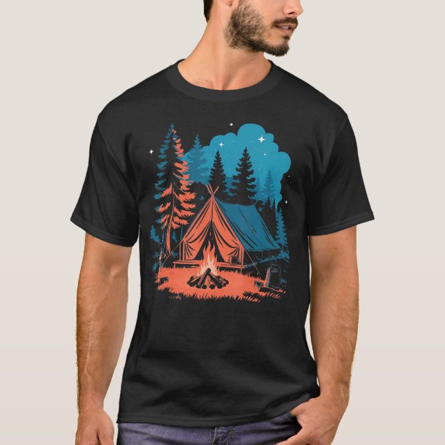 Starlit Camping Tent Campfire And Pine Trees Adven T-Shirt (Front)