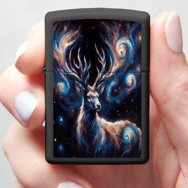 Starlit Deer with Galactic Cosmic Antlers Zippo Lighter (In Hand)