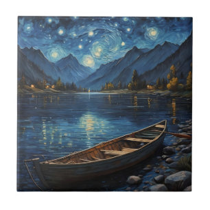 "Starlit Drift: Fishing Under the Cosmos Ceramic Tile