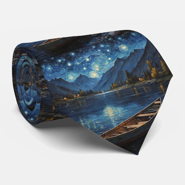 "Starlit Drift: Fishing Under the Cosmos Neck Tie (Rolled)