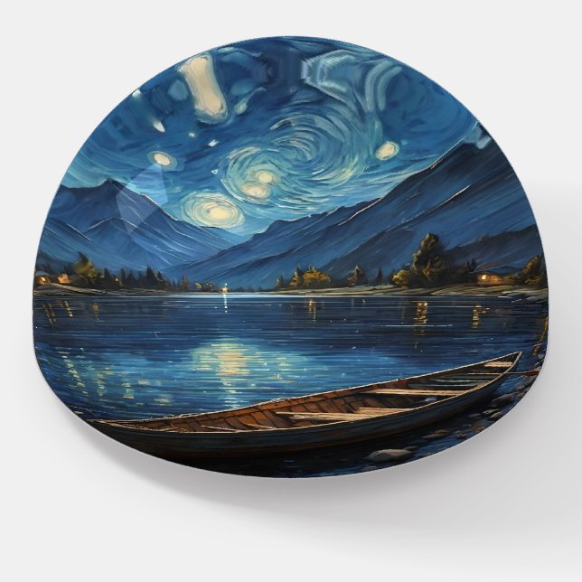 "Starlit Drift: Fishing Under the Cosmos Paperweight (Angled)