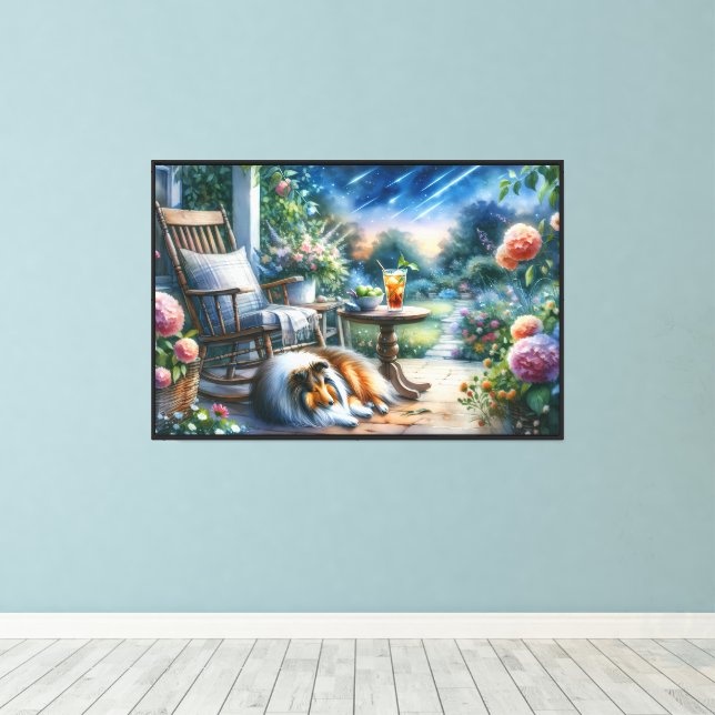 Starlit Garden Porch Sheltie Dream Canvas Print (Insitu(Wood Floor))