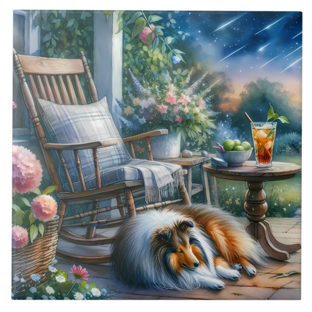 Starlit Garden Porch Sheltie Dream Ceramic Tile (Front)