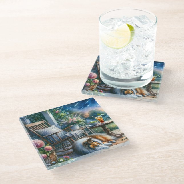 Starlit Garden Porch Sheltie Dream Glass Coaster (Angled)