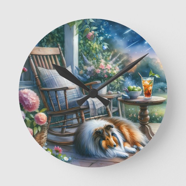 Starlit Garden Porch Sheltie Dream Round Clock (Front)