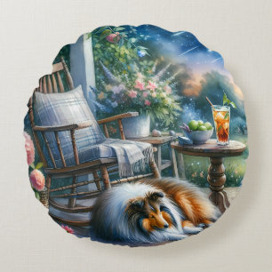 Starlit Garden Porch Sheltie Dream Round Pillow