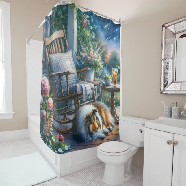 Starlit Garden Porch Sheltie Dream Shower Curtain (In Situ)