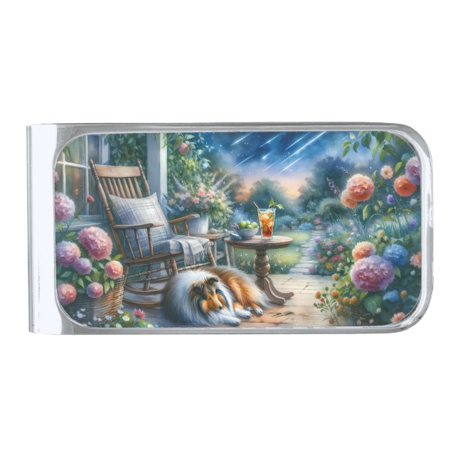 Starlit Garden Porch Sheltie Dream Silver Finish Money Clip (Front)