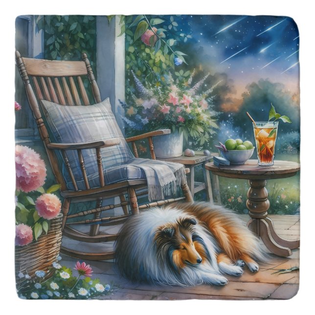 Starlit Garden Porch Sheltie Dream Trivet (Front)