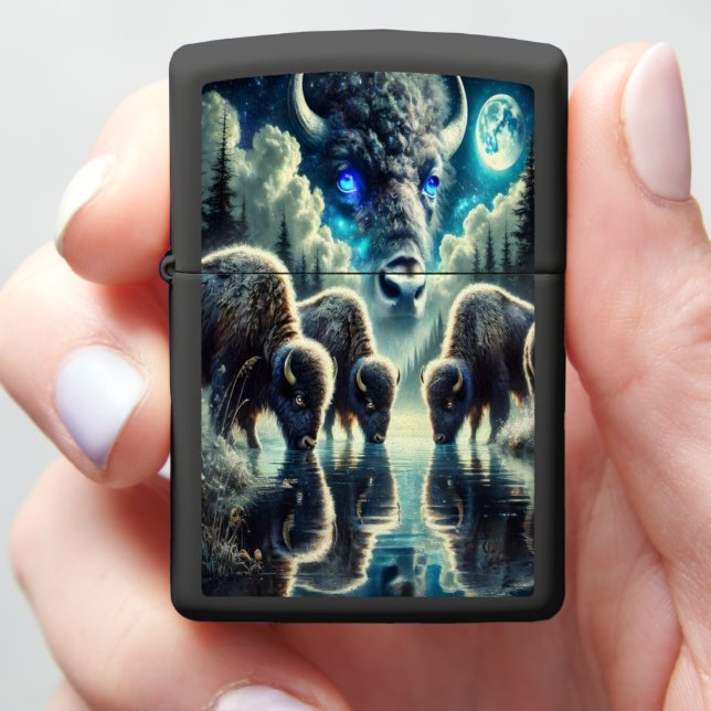 Starlit Lake with Majestic Buffaloes Zippo Lighter (In Hand)