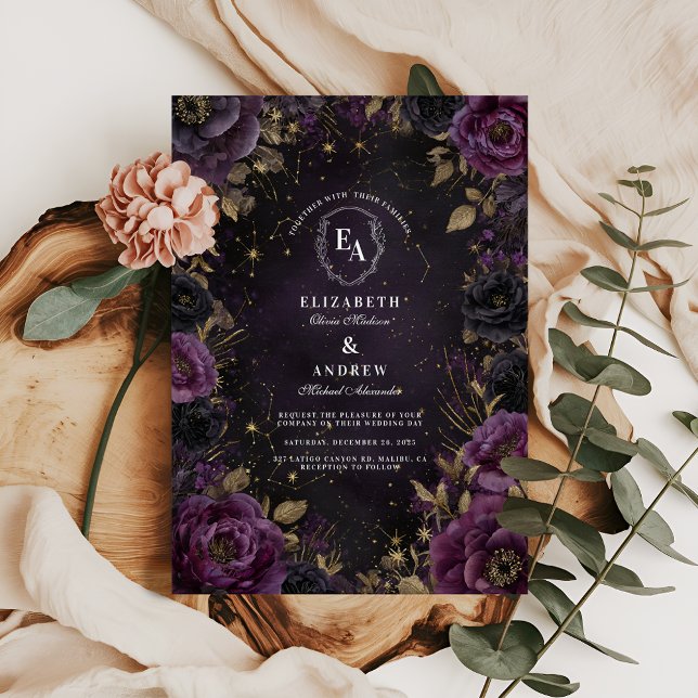 Starlit Plum and Gold Gothic Wedding Invitation (Creator Uploaded)