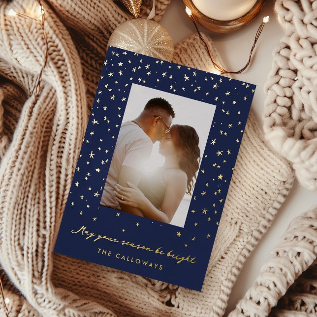Starlit Sky Illustrated Photo Gold Foil Holiday Card (Starlit Sky holiday photo card with hand-drawn, gold-foiled stars.)