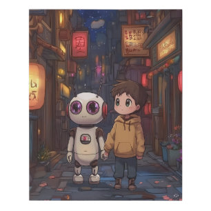 Starlit Stroll: A Boy and His Robot Friend Faux Canvas Print