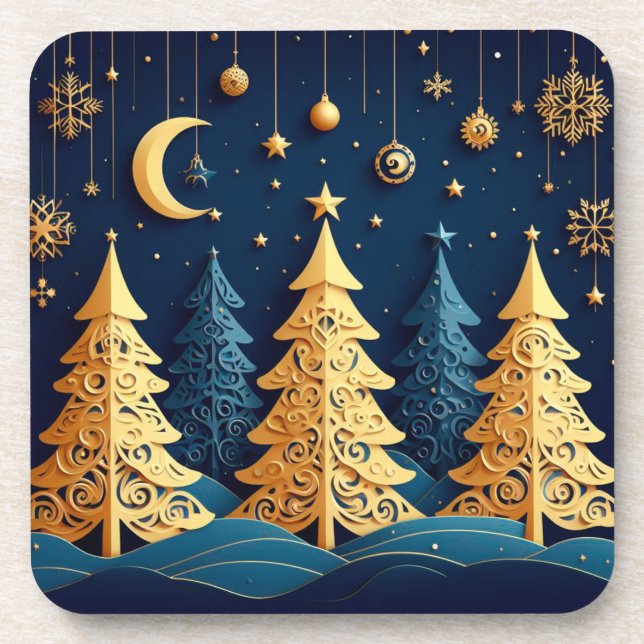 Starlit Tree Dream – Golden Whimsy Beverage Coaster (Front)