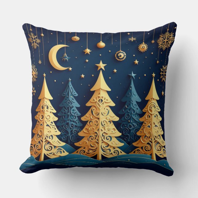 Starlit Tree Dream – Golden Whimsy Throw Pillow (Front)
