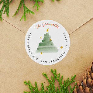 Starlit Watercolor Christmas Tree Return Address Classic Round Sticker