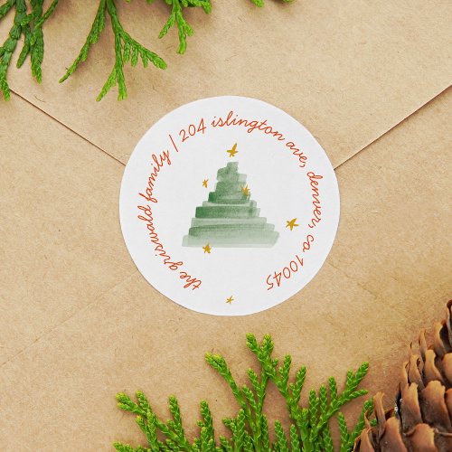 Starlit Watercolor Tree Holiday Return Address Classic Round Sticker