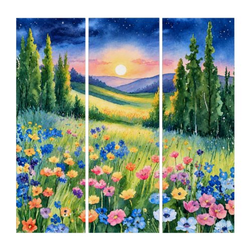 Starlit Wildflower Meadow at Dawn Triptych