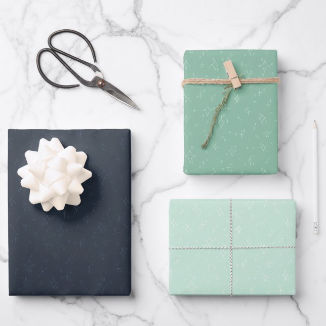 starred festive marine blue, turquoise, pastel blu wrapping paper sheets (Front)