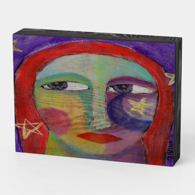 Starry Abstract Portrait of a Woman Wooden Box Sign (Angled Horizontal)