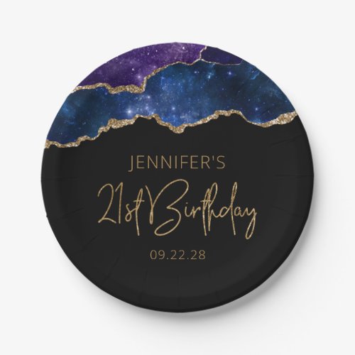 Starry Agate Geode Blue Purple 21st Birthday Party Paper Plates