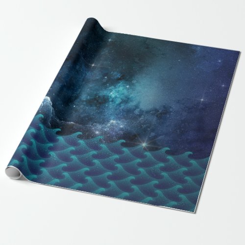 Starry and Cloudy Sky over Waves Wrapping Paper