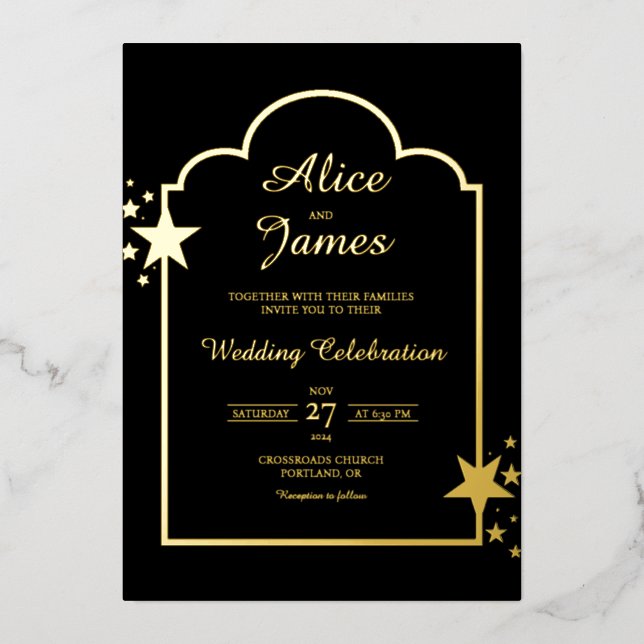 Starry Arch Frame Elegant Black Gold Foil Wedding Invitation (Front)