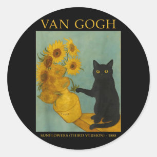 Starry Art Black Cat With Suowers Classic Round Sticker
