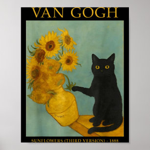 Starry Art Black Cat With Suowers Poster