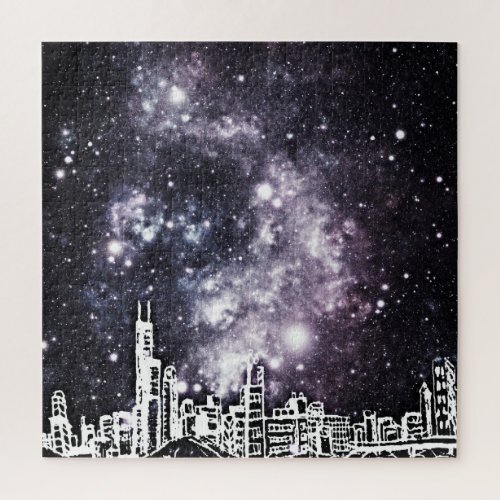 Starry Black and White Chicago Skyline Puzzle