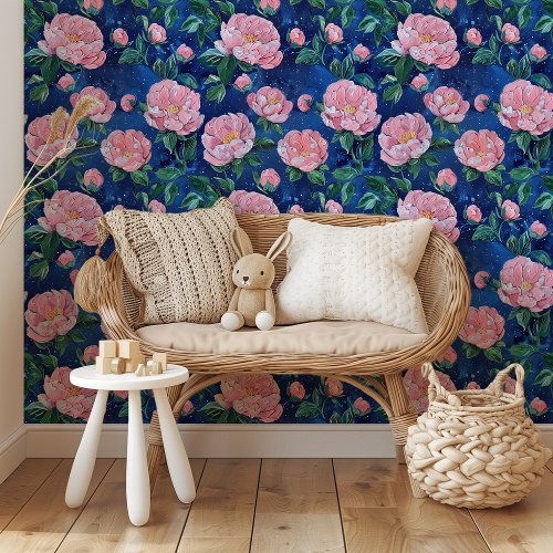 Starry Blooms Pink Peonies on Midnight Blue Wallpaper