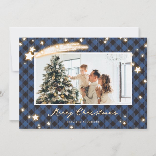 Starry Blue Buffalo Plaid Photo Christmas Cards (Front)