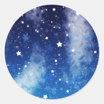 Starry Blue Night Sky Classic Round Sticker by saradaboru at Zazzle