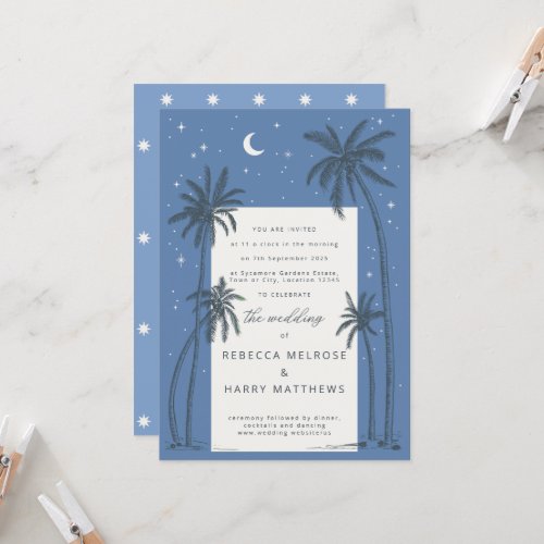 Starry blue Palm Trees boho wedding invitation 