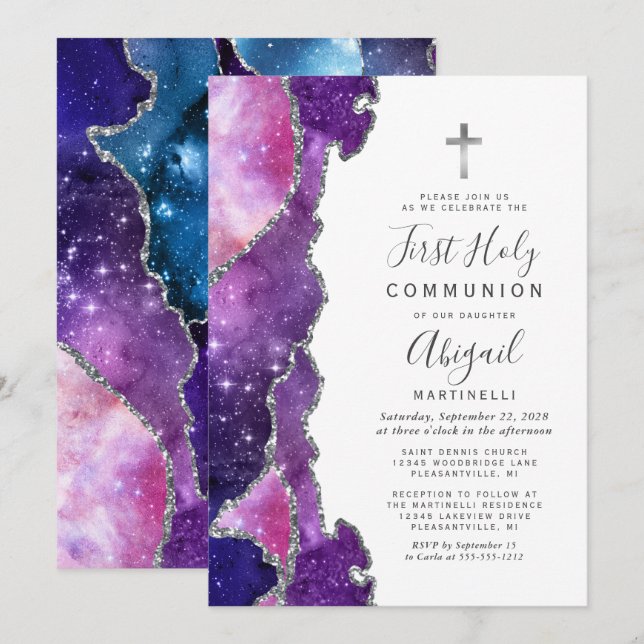 Starry Blue Pink Agate Silver First Holy Communion Invitation (Front/Back)