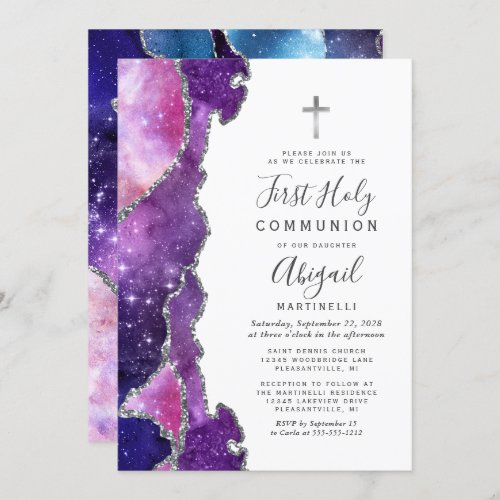 Starry Blue Pink Agate Silver First Holy Communion Invitation