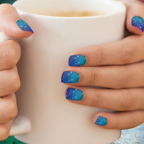 Starry Blue Teal Green Fade to Twilight Trendy Minx Nail Art