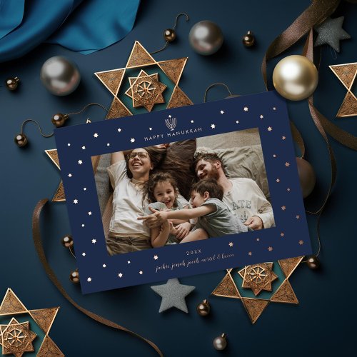 Starry Border Menorah Hanukkah Photo Foil Holiday Card