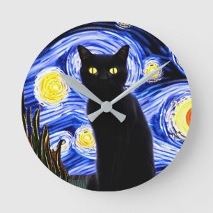 Starry Catty Night Round Clock
