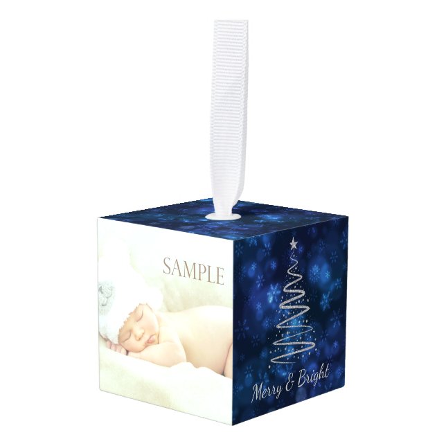 Starry Christmas Night Blessings Photo Template Cube Ornament (Front Angled)
