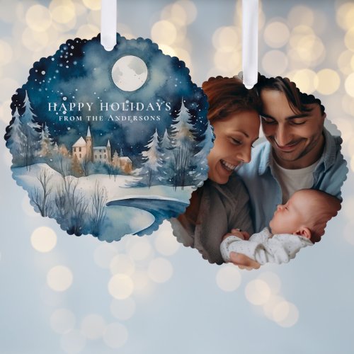 Starry Christmas Night Family Photo Holiday Ornament Card