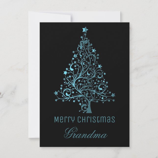 Starry Christmas Tree Black Blue Metallic Look Holiday Card (Front)