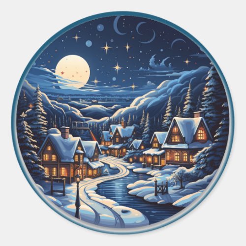 Starry Christmas Village By Night Sticker