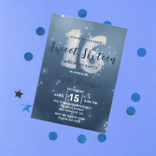 Starry Dark Blue Sweet Sixteen Birthday Invitation