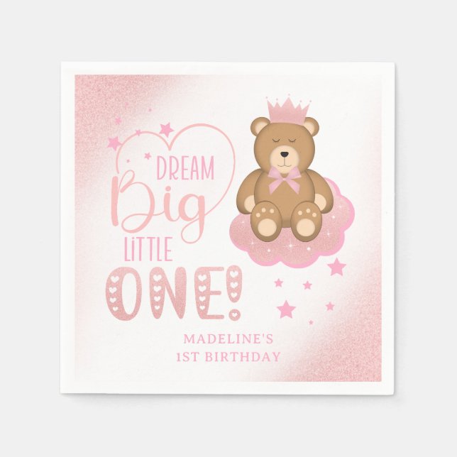 Starry Dream Big Little One Sleepy Bear Birthday Napkins (Front)