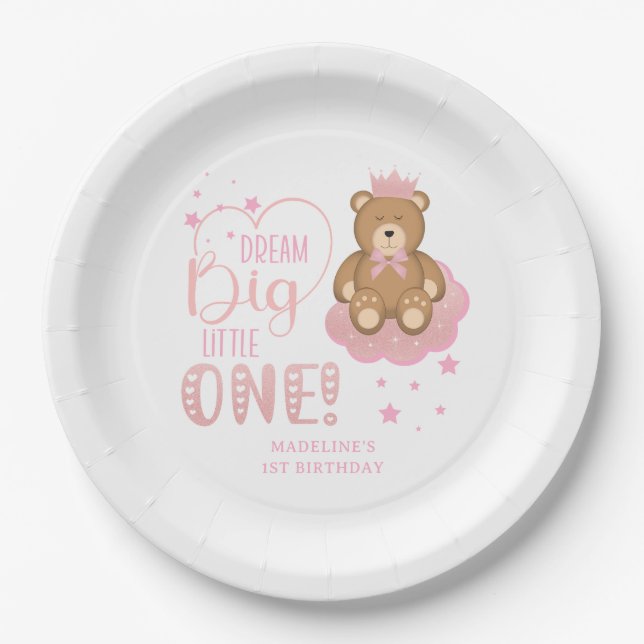 Starry Dream Big Little One Sleepy Bear Birthday Paper Plates (Front)