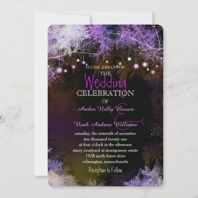 Starry Evening Forest Purple Wedding Invitation (Front)