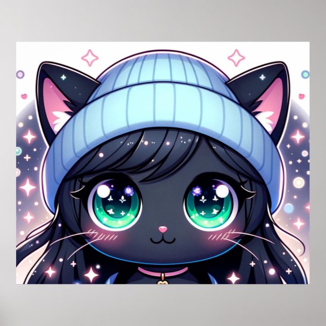 Starry-Eyed Kitten: Charming Anime Cat Poster (Front)